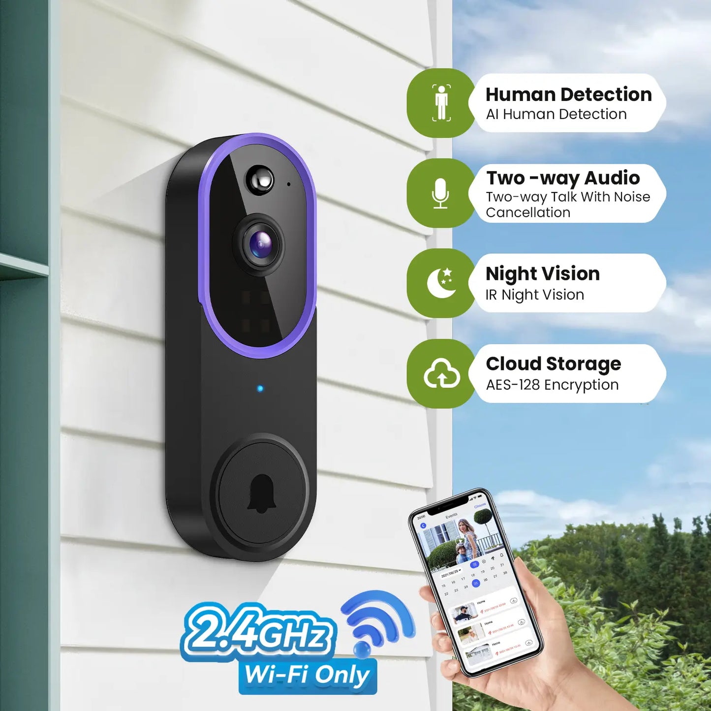 Wireless Smart Video Doorbell Camera - 1080P HD, AI Human Detection, Night Vision, Instant Alerts, Two-Way Audio, 2.4G WiFi, Easy Installation, Rechargeable Battery, Cloud Storage