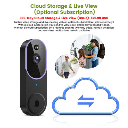 Wireless Smart Video Doorbell Camera - 1080P HD, AI Human Detection, Night Vision, Instant Alerts, Two-Way Audio, 2.4G WiFi, Easy Installation, Rechargeable Battery, Cloud Storage