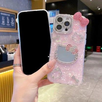 New Rhinestone Bow Tie Shell-Patterned KT Cat Glass Mirror Phone Case Cover Decorative Smartphone Protector for Iphone 16 15 14 13 12 Pro Max – Heart-Shaped Prismatic Protective Case