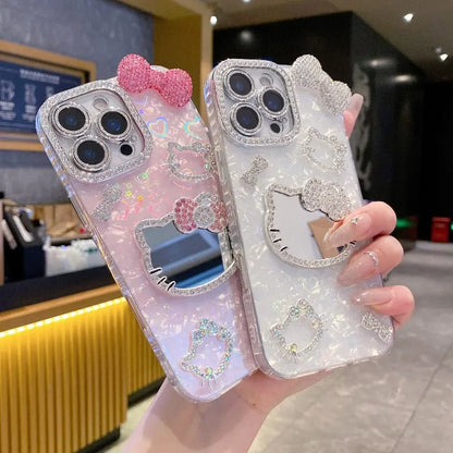 New Rhinestone Bow Tie Shell-Patterned KT Cat Glass Mirror Phone Case Cover Decorative Smartphone Protector for Iphone 16 15 14 13 12 Pro Max – Heart-Shaped Prismatic Protective Case