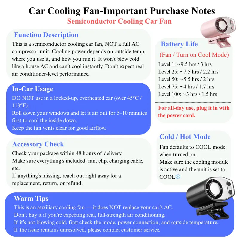 【Summer Survivals】Joytutus Semiconductor Cooling Clip-On Fan - Portable Clip Fan, Car Accessories, 360° Rotatable, 100-Speed Adjustable, USB Rechargeable, 16℃ Wide Clamp, 3000Mah 20Hr Battery, LED Display, Cool Tech Gadget, Cars Accessories