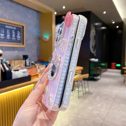 New Rhinestone Bow Tie Shell-Patterned KT Cat Glass Mirror Phone Case Cover Decorative Smartphone Protector for Iphone 16 15 14 13 12 Pro Max – Heart-Shaped Prismatic Protective Case