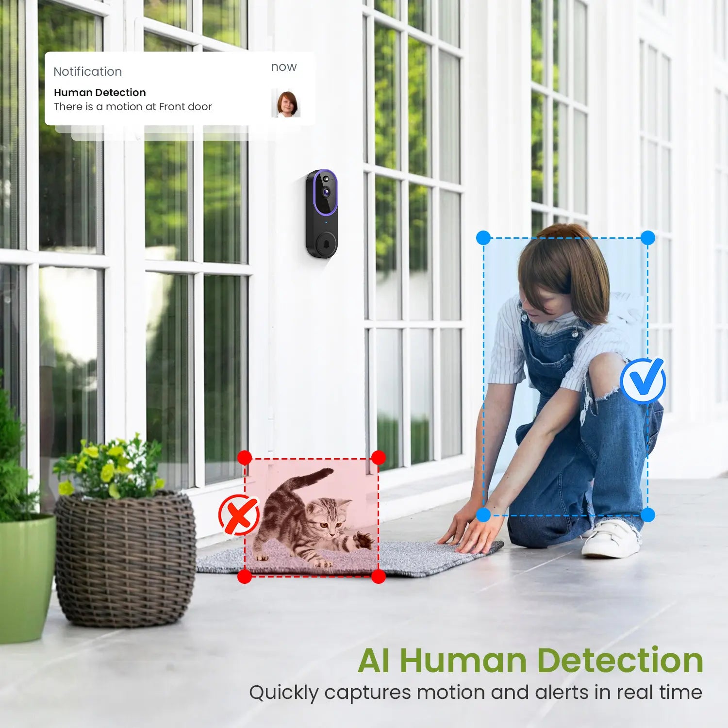 Wireless Smart Video Doorbell Camera - 1080P HD, AI Human Detection, Night Vision, Instant Alerts, Two-Way Audio, 2.4G WiFi, Easy Installation, Rechargeable Battery, Cloud Storage