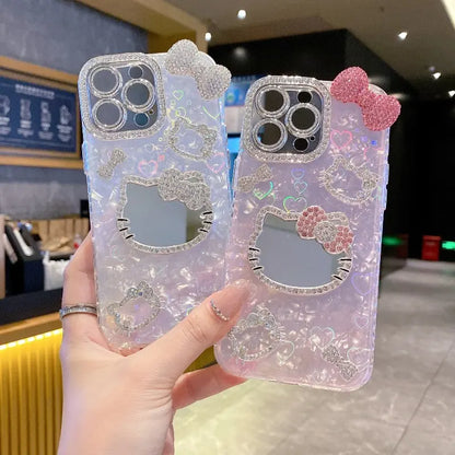New Rhinestone Bow Tie Shell-Patterned KT Cat Glass Mirror Phone Case Cover Decorative Smartphone Protector for Iphone 16 15 14 13 12 Pro Max – Heart-Shaped Prismatic Protective Case