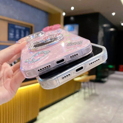 New Rhinestone Bow Tie Shell-Patterned KT Cat Glass Mirror Phone Case Cover Decorative Smartphone Protector for Iphone 16 15 14 13 12 Pro Max – Heart-Shaped Prismatic Protective Case